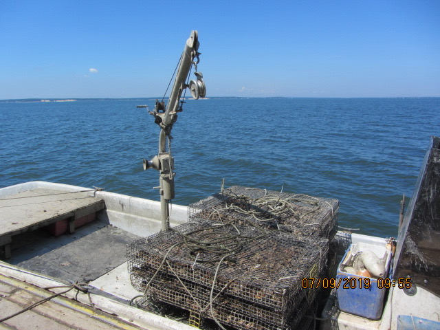 Skiff with winch and shellfish cages /trays stacked on the deck